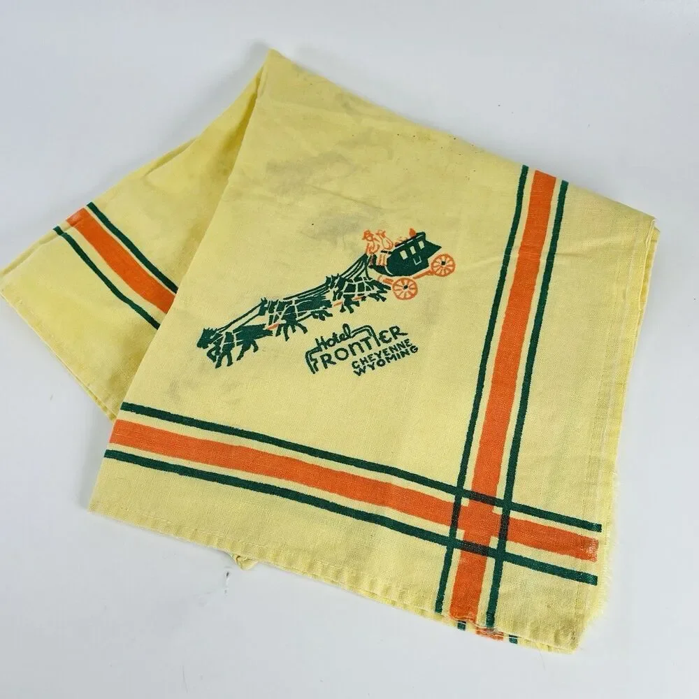 VTG Hotel Frontier Cloth Napkin Cheyenne Wyoming 15x16 Motel Old West Stagecoach